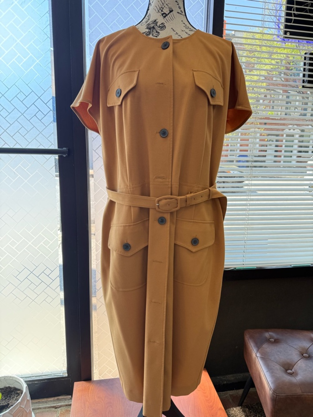 Anne Klein Camel Brown Belted Shirt Dress